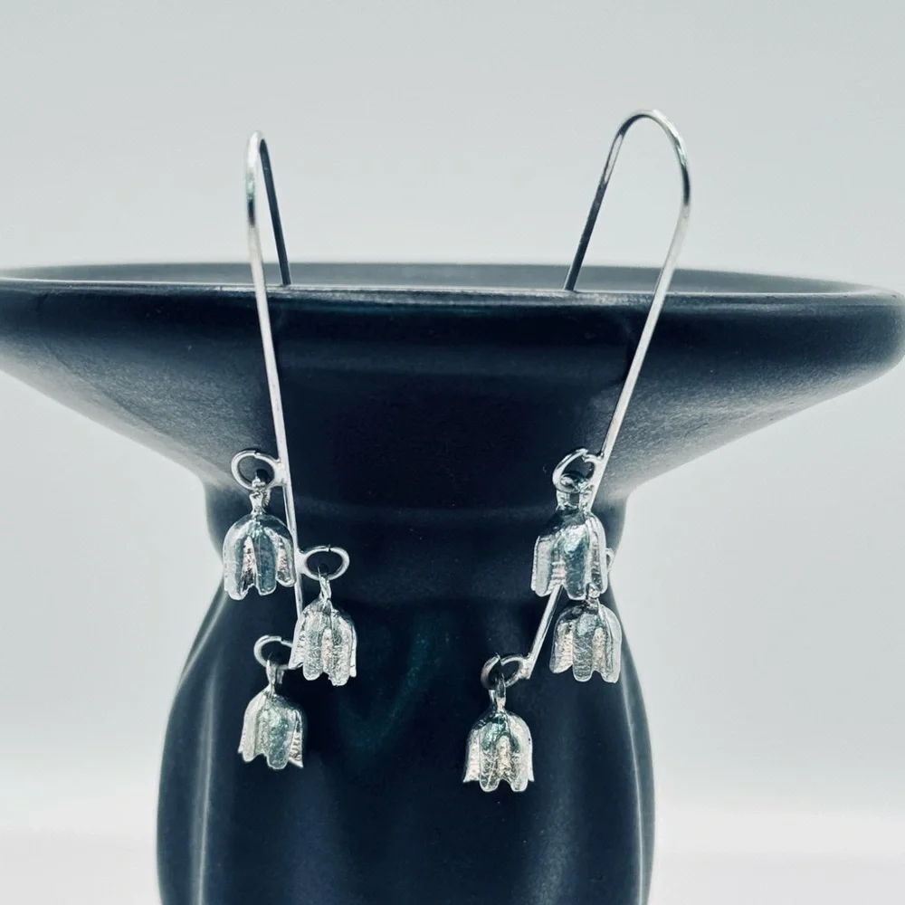 Silver Lily of the Valley Dangling Floral Drop Earrings Botanical Jewelry